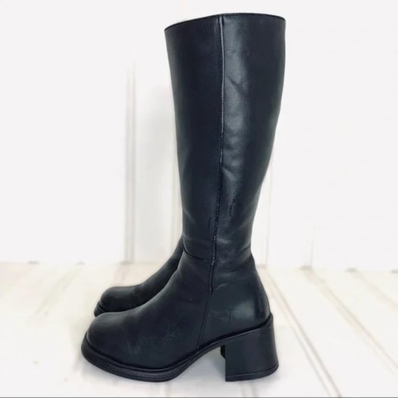 VINTAGE KNEE HIGH BLACK THICK LEATHER CHUNKY PLATFORM HEELS BOOTS SIDE ZIPPER - Picture 2 of 14